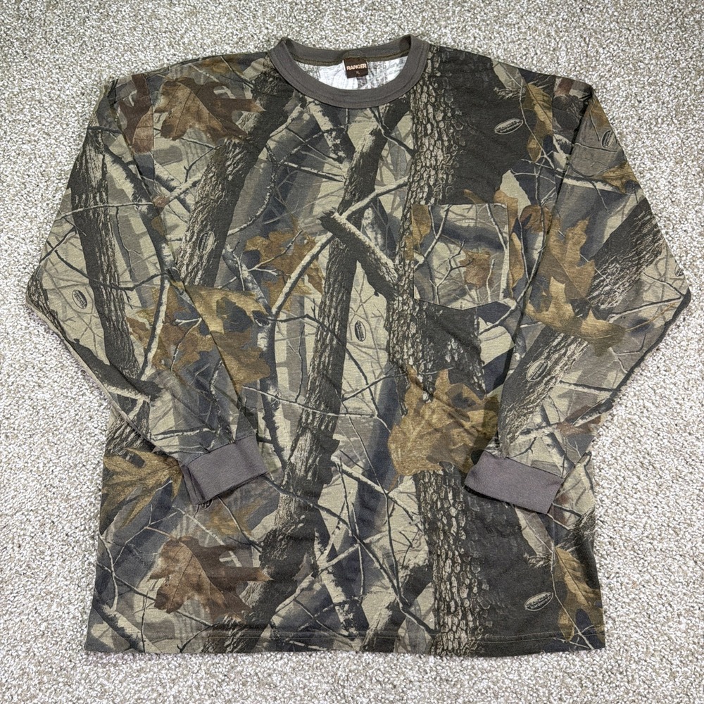 Men's Vintage Camo Longsleeve Pocket Tee Size XL 90s Ranger Essentials